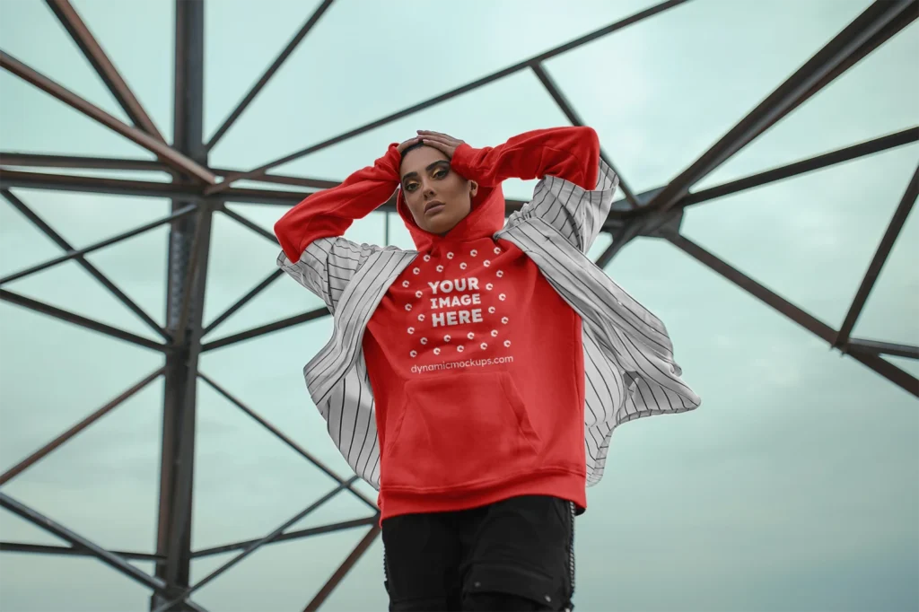 Woman Wearing Red Hoodie Mockup Front View Template