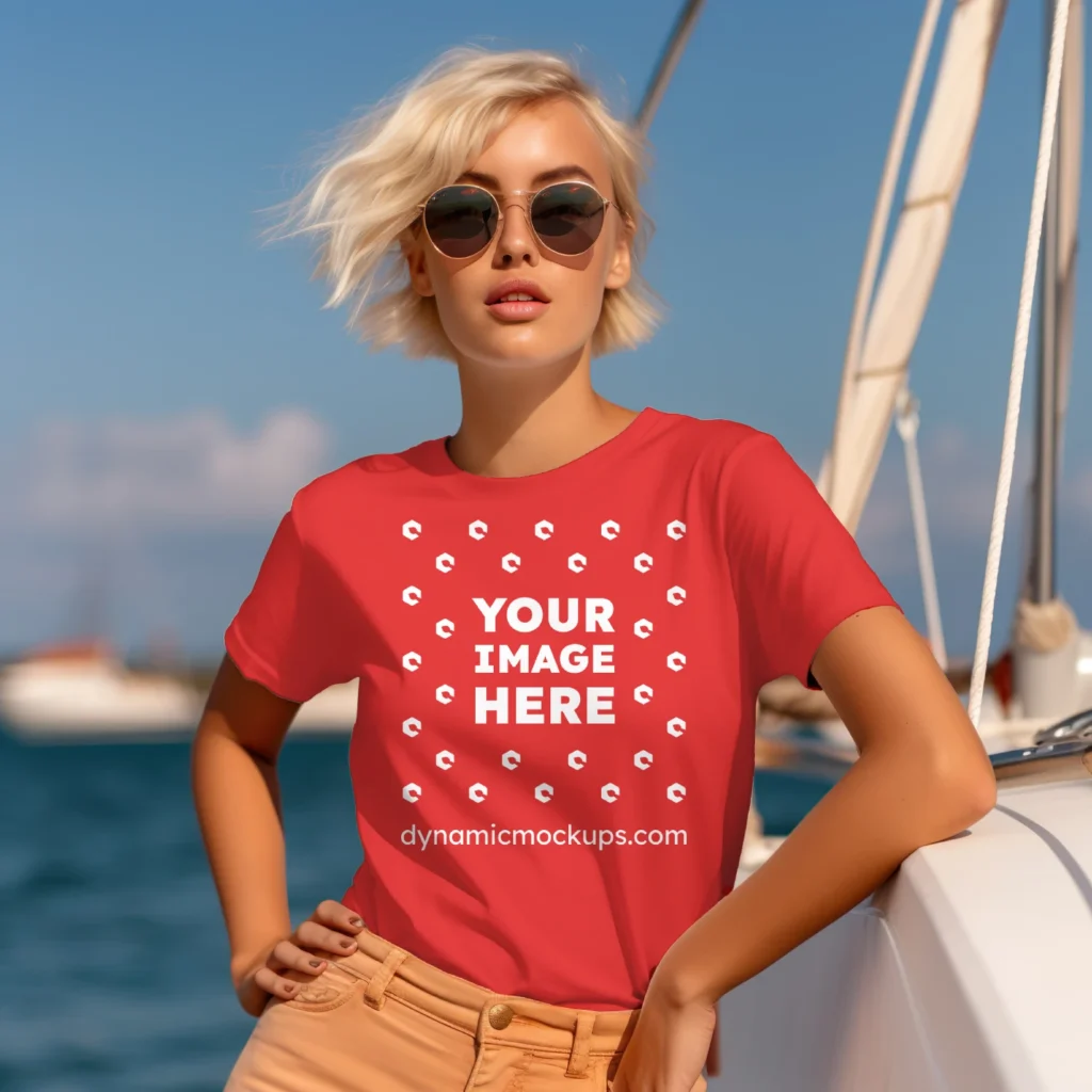 Woman Wearing Red T-shirt Mockup Front View Template