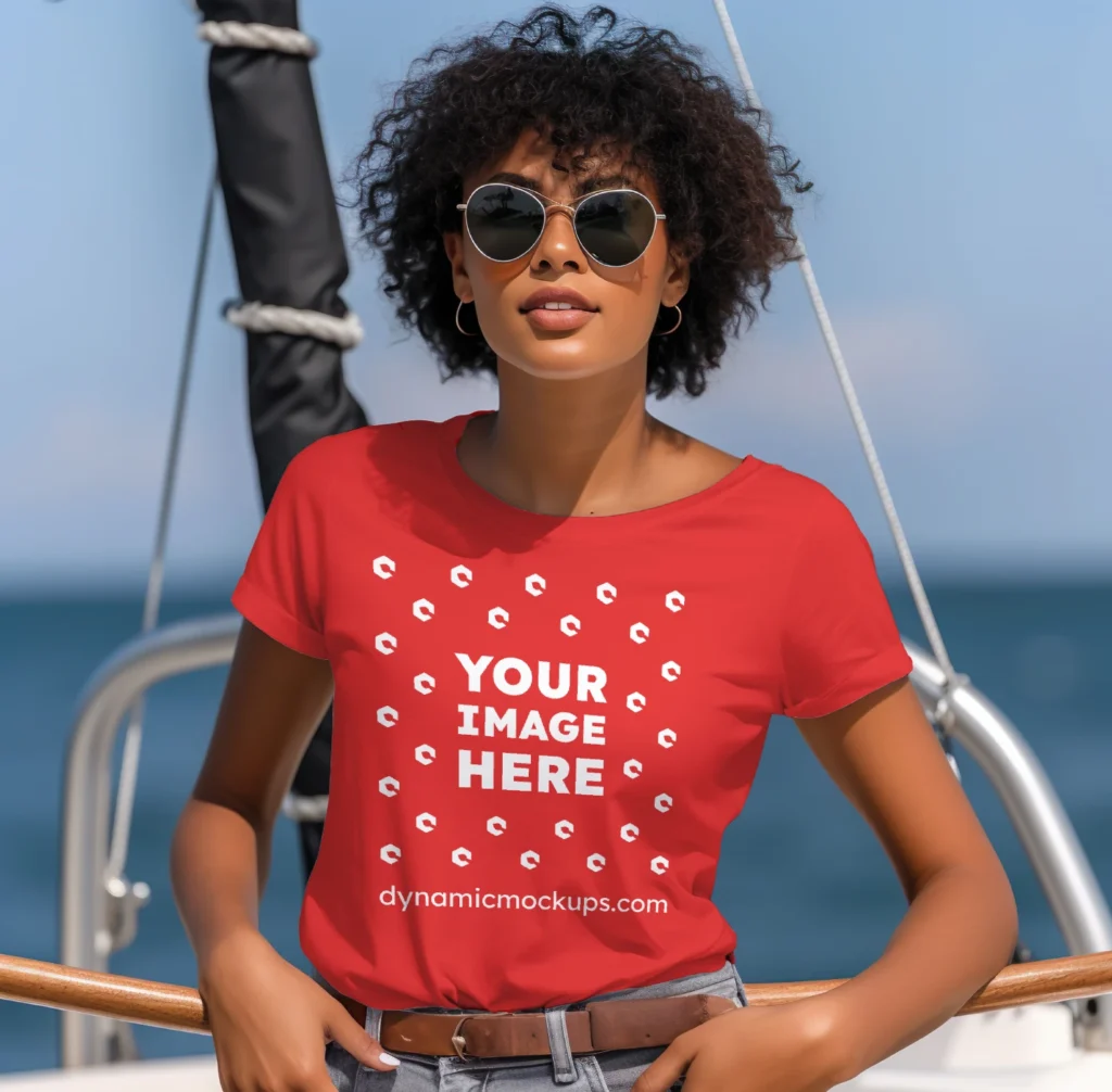 Woman Wearing Red T-shirt Mockup Front View Template