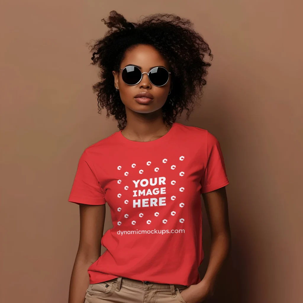 Woman Wearing Red T-shirt Mockup Front View Template