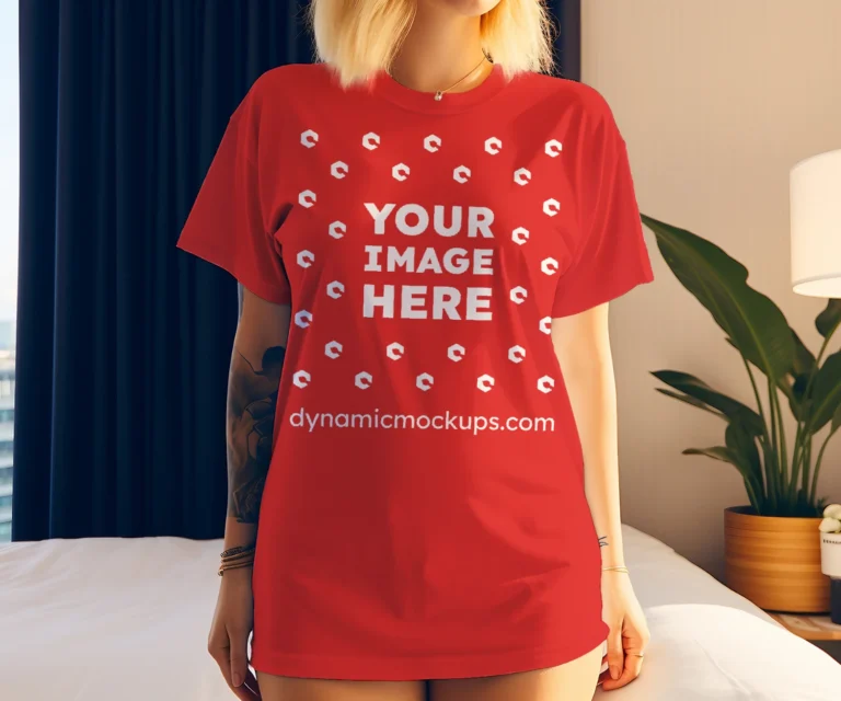 Woman Wearing Red T-shirt Mockup Front View Template