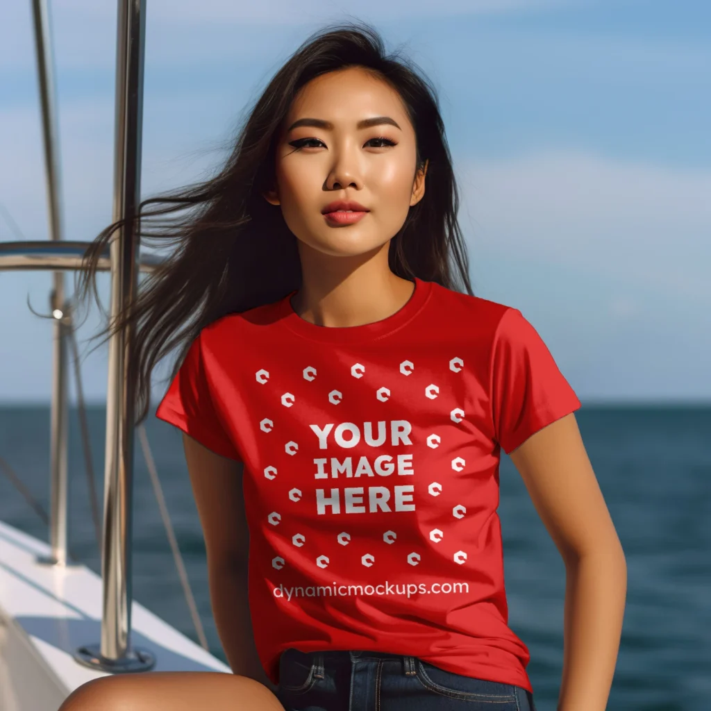 Woman Wearing Red T-shirt Mockup Front View Template