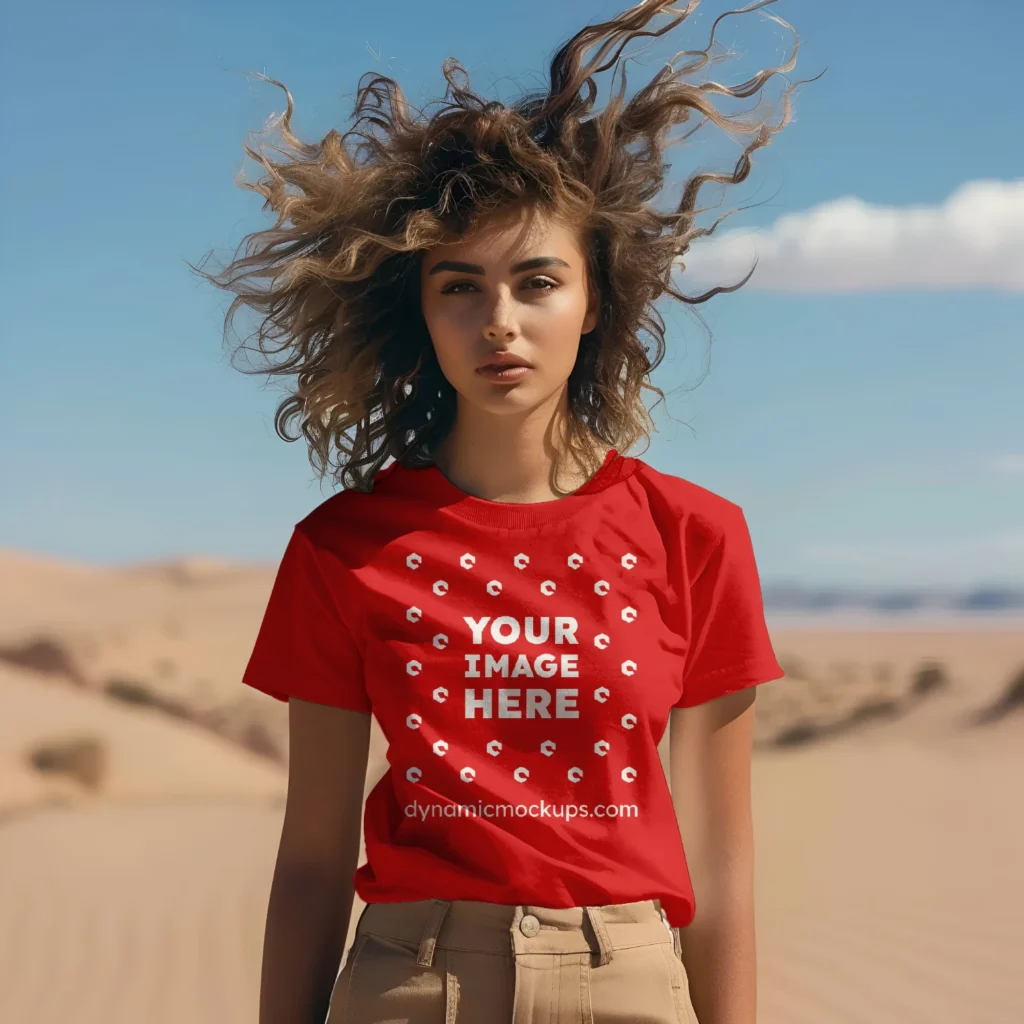 Woman Wearing Red T-shirt Mockup Front View Template