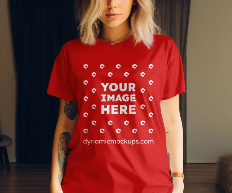 Woman Wearing Red T-shirt Mockup Front View Template