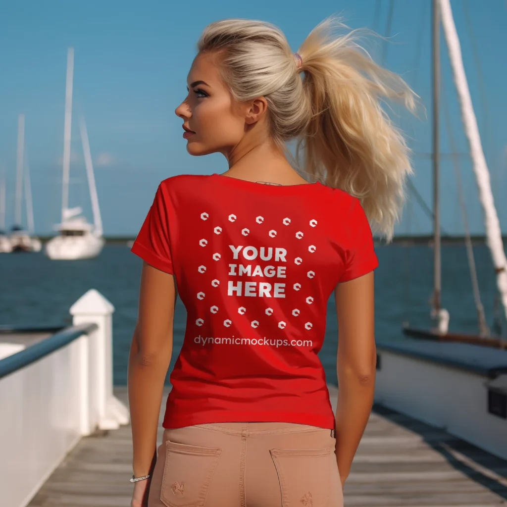 Woman Wearing Red T-shirt Mockup Back View Template