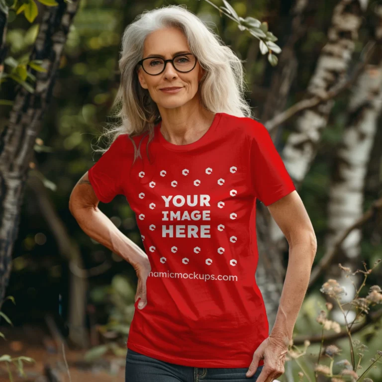 Woman Wearing Red T-shirt Mockup Front View Template