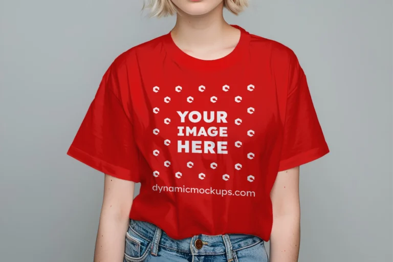 Woman Wearing Red T-shirt Mockup Front View Template