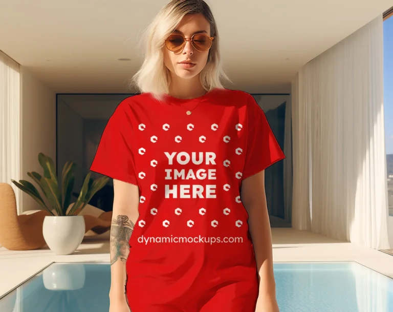 Woman Wearing Red T-shirt Mockup Front View Template