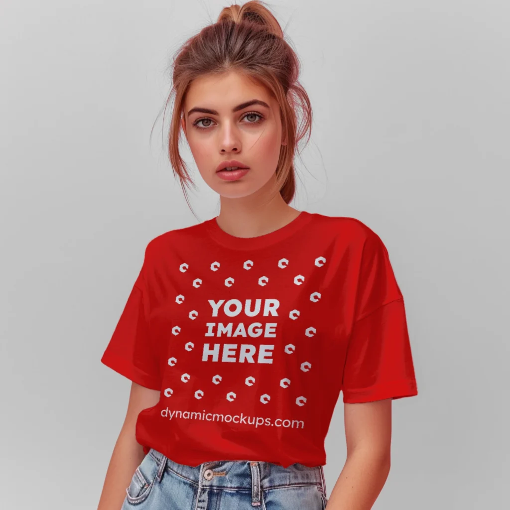 Woman Wearing Red T-shirt Mockup Front View Template