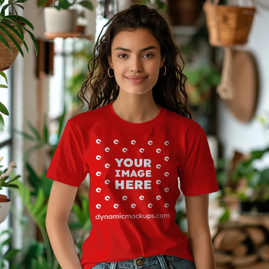 Woman Wearing Red T-shirt Mockup Front View Template