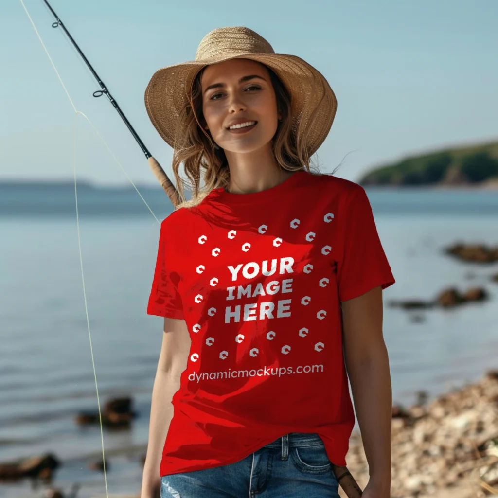 Woman Wearing Red T-shirt Mockup Front View Template