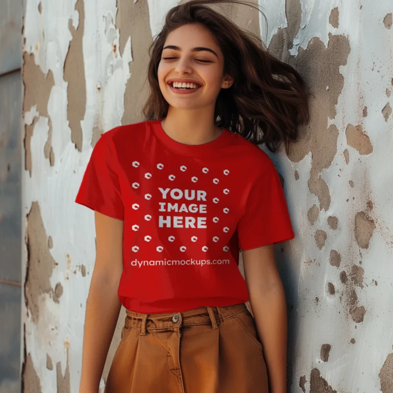 Woman Wearing Red T-shirt Mockup Front View Template