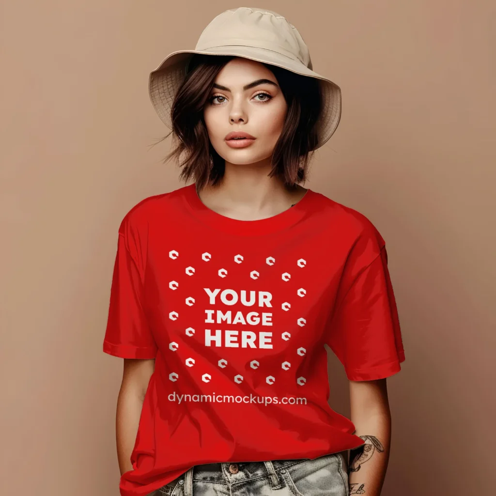 Woman Wearing Red T-shirt Mockup Front View Template