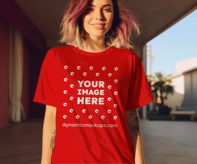 Woman Wearing Red T-shirt Mockup Front View Template