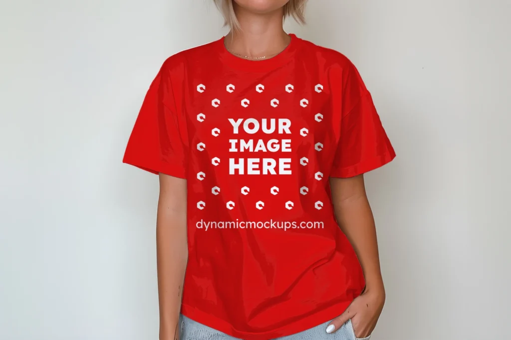 Woman Wearing Red T-shirt Mockup Front View Template