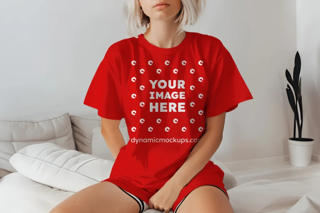 Woman Wearing Red T-shirt Mockup Front View Template