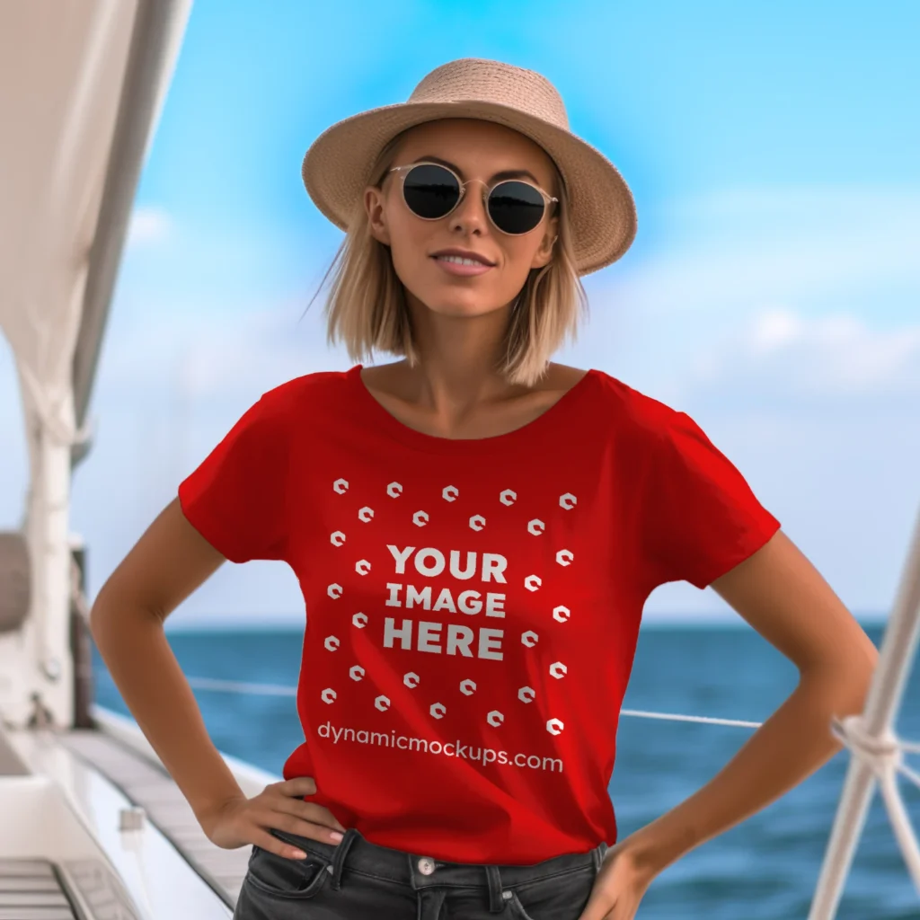 Woman Wearing Red T-shirt Mockup Front View Template