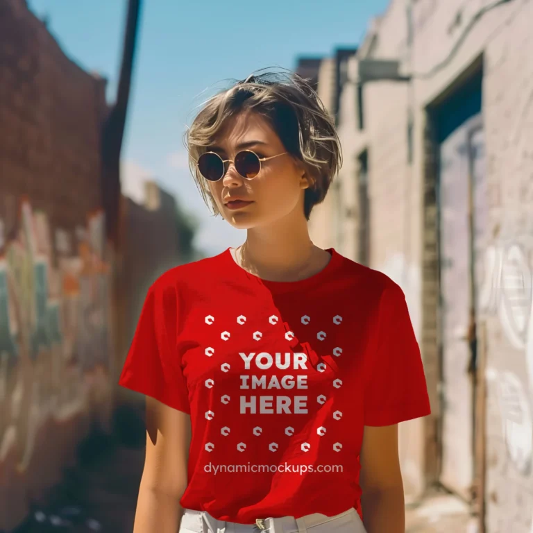 Woman Wearing Red T-shirt Mockup Front View Template