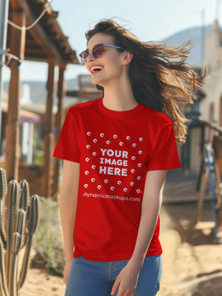 Woman Wearing Red T-shirt Mockup Front View Template