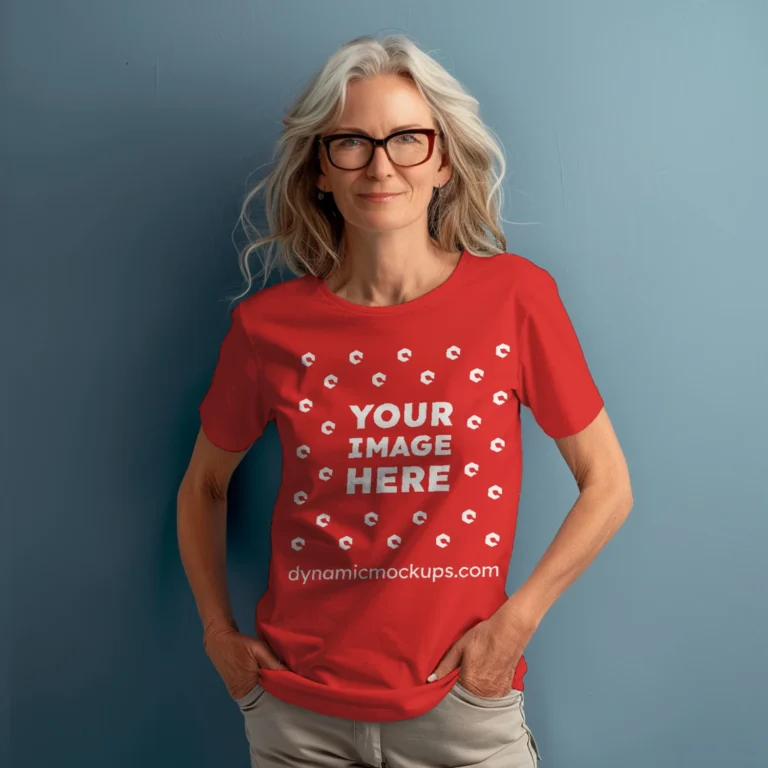 Woman Wearing Red T-shirt Mockup Front View Template