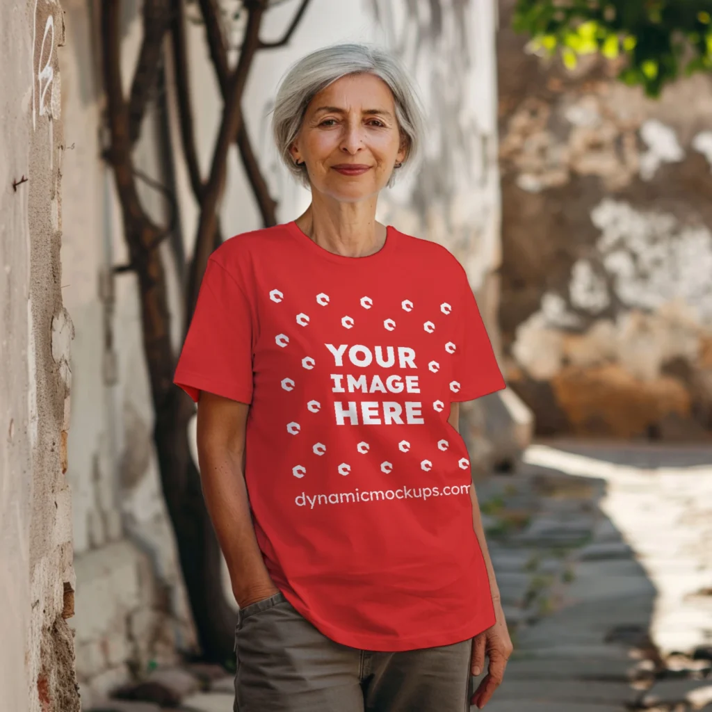 Woman Wearing Red T-shirt Mockup Front View Template