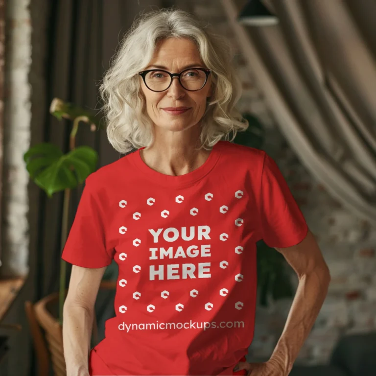 Woman Wearing Red T-shirt Mockup Front View Template