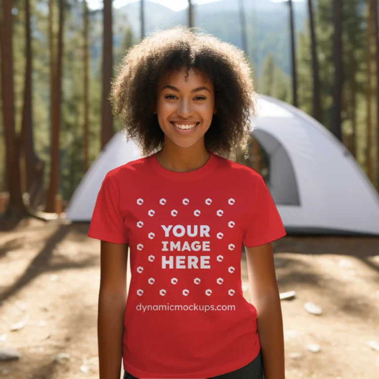 Woman Wearing Red T-shirt Mockup Front View Template