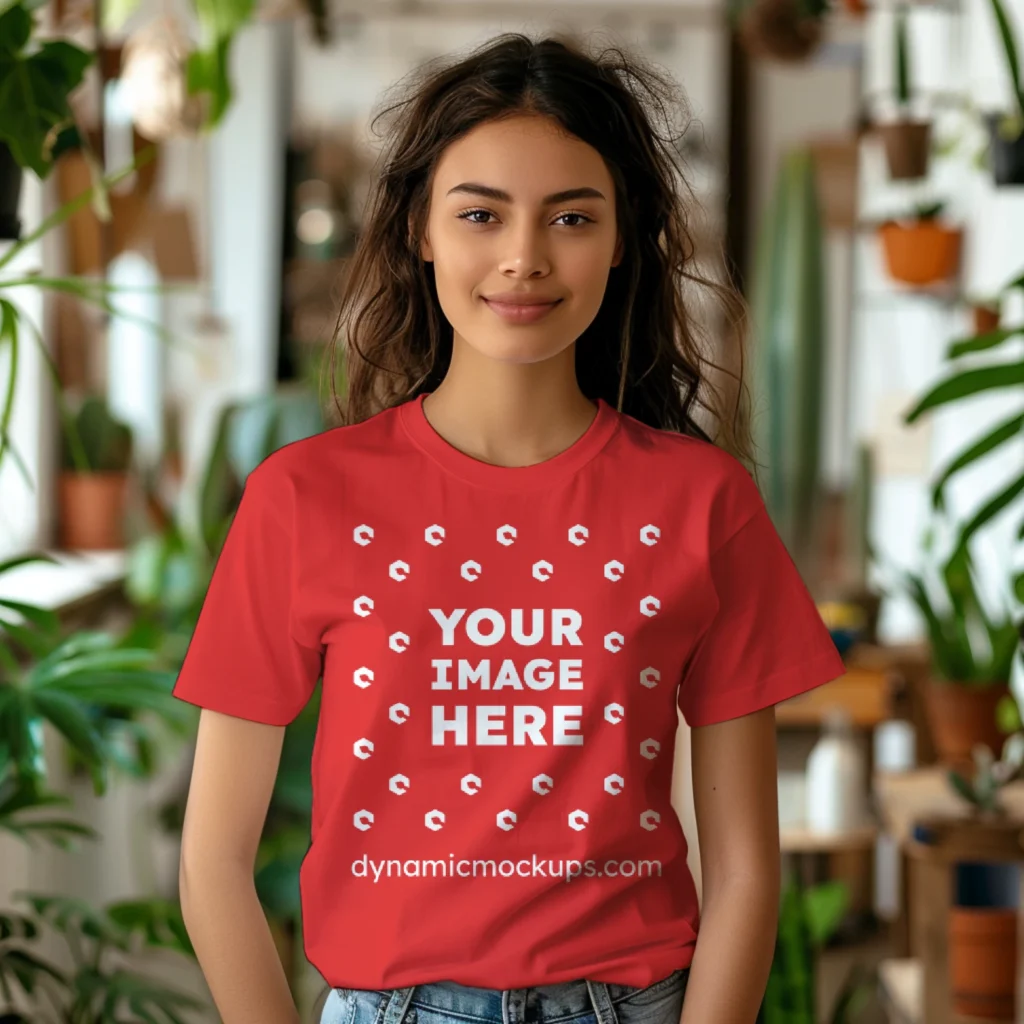 Woman Wearing Red T-shirt Mockup Front View Template