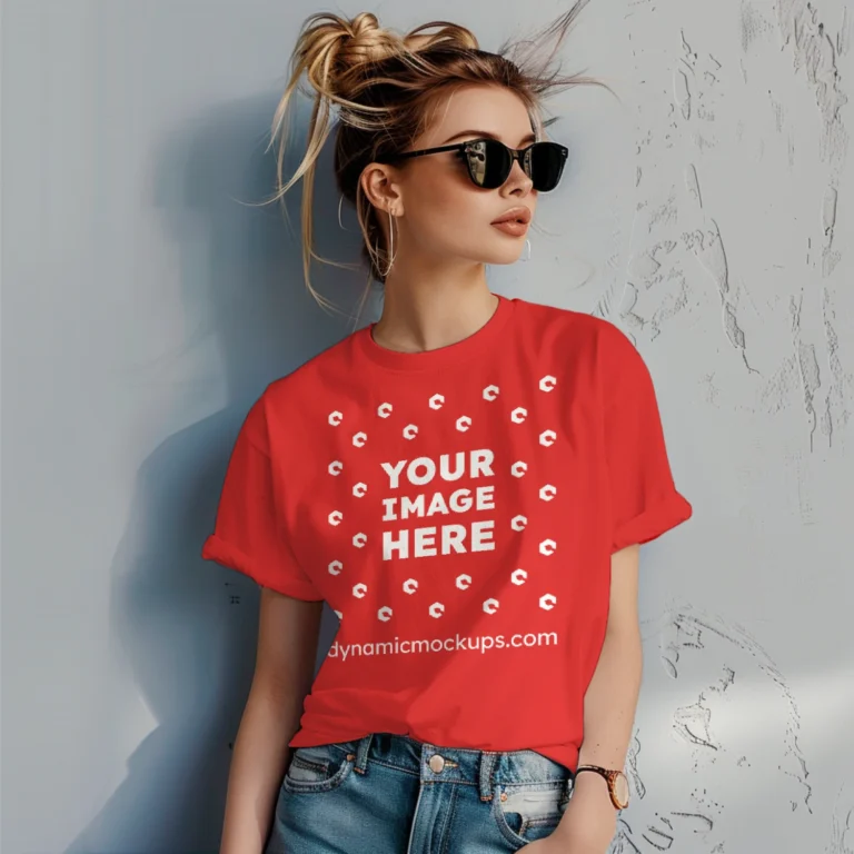 Woman Wearing Red T-shirt Mockup Front View Template