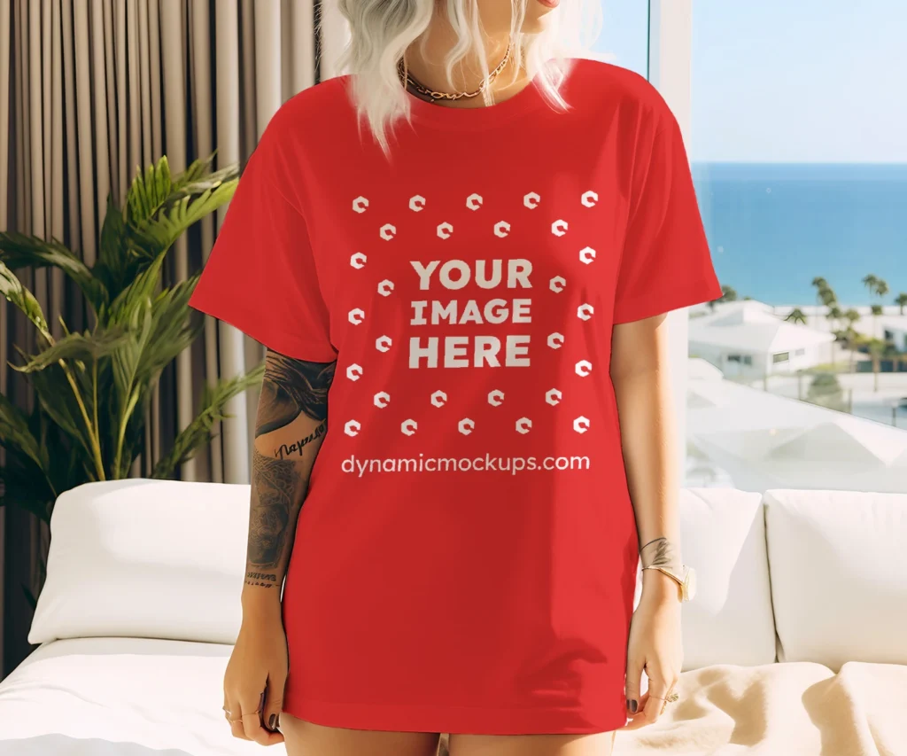 Woman Wearing Red T-shirt Mockup Front View Template