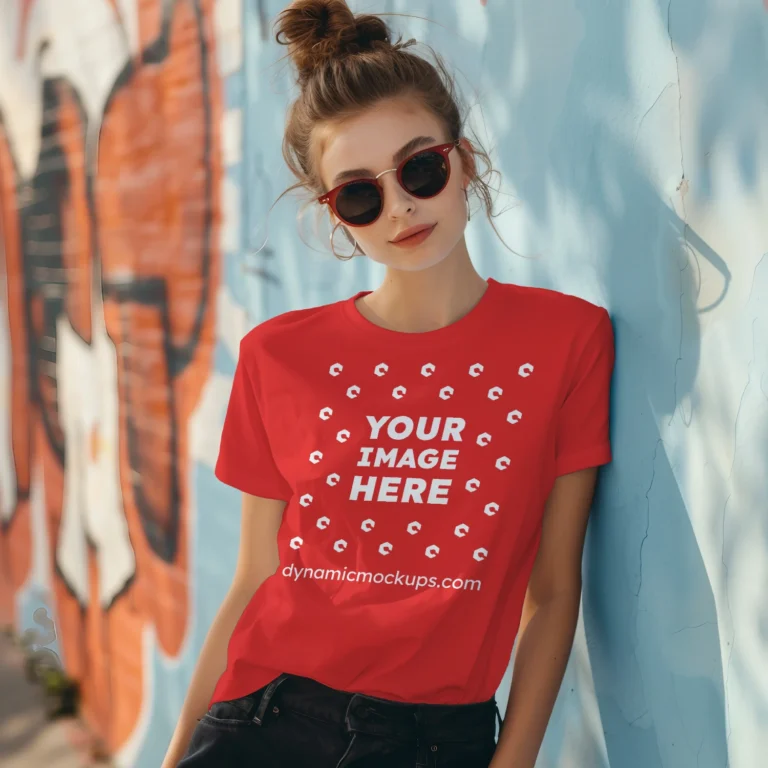 Woman Wearing Red T-shirt Mockup Front View Template