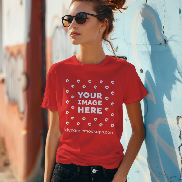 Woman Wearing Red T-shirt Mockup Front View Template