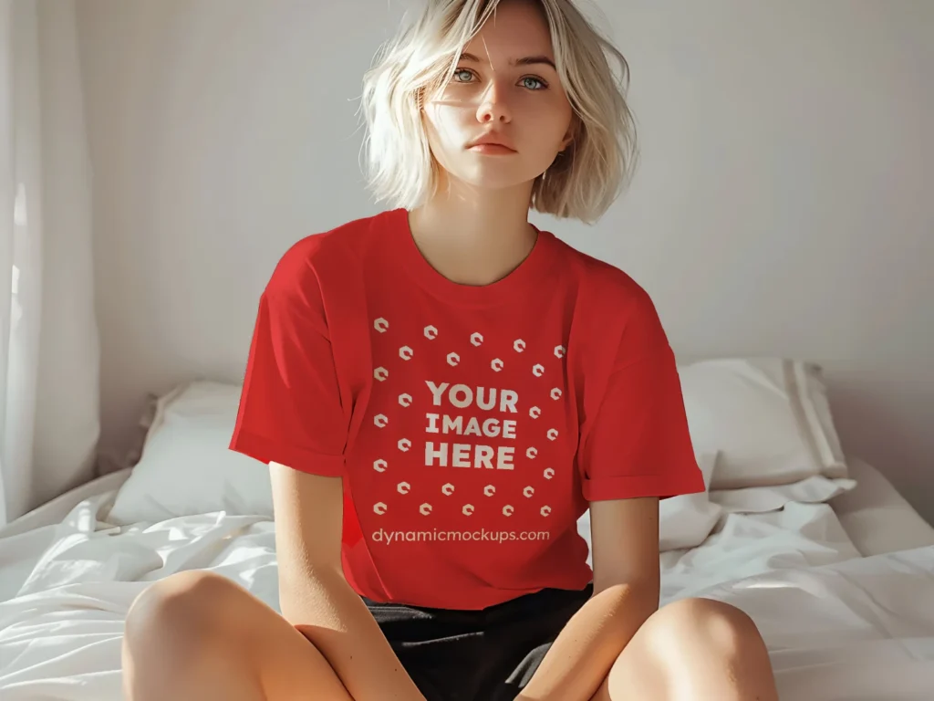 Woman Wearing Red T-shirt Mockup Front View Template