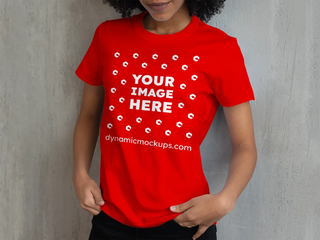 Woman Wearing Red T-shirt Mockup Front View Template