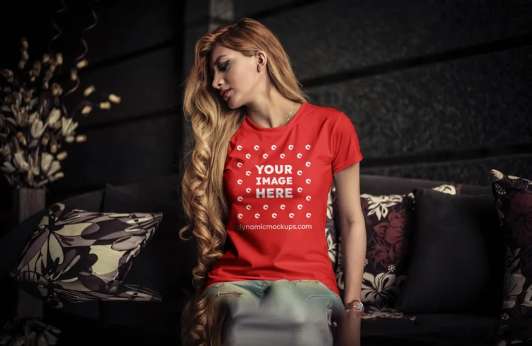 Woman Wearing Red T-shirt Mockup Front View Template