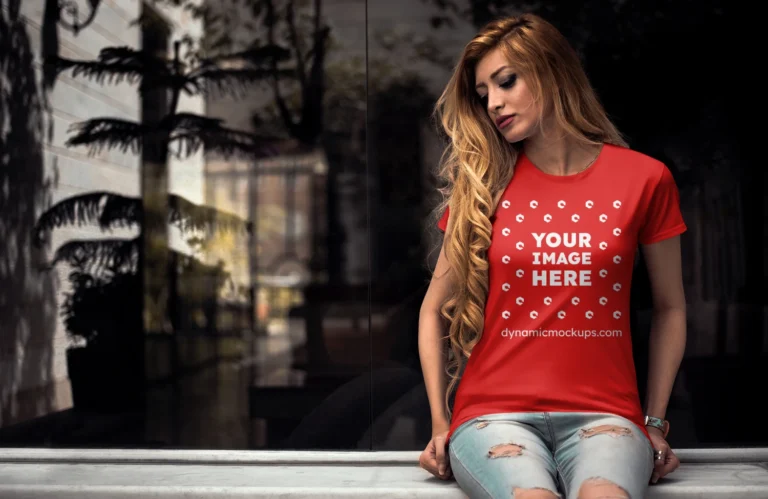 Woman Wearing Red T-shirt Mockup Front View Template