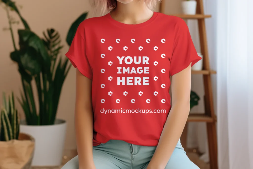 Woman Wearing Red T-shirt Mockup Front View Template