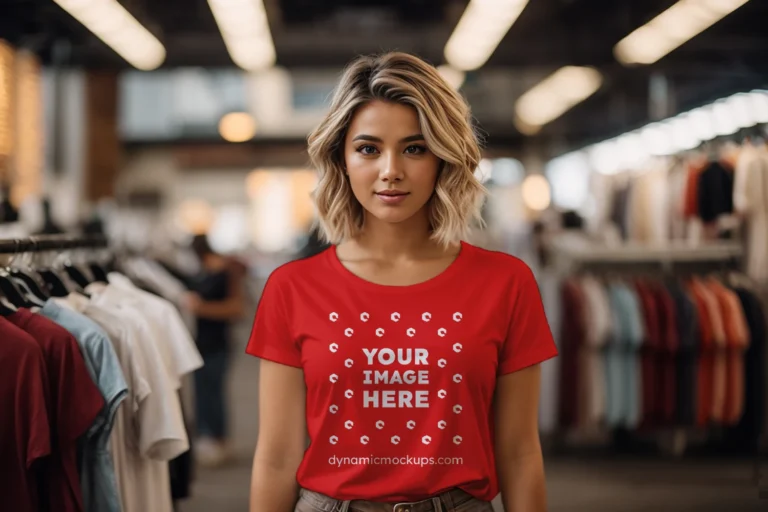 Woman Wearing Red T-shirt Mockup Front View Template