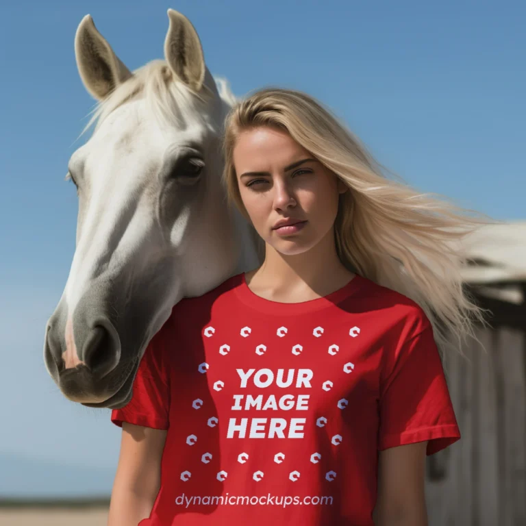 Woman Wearing Red T-shirt Mockup Front View Template