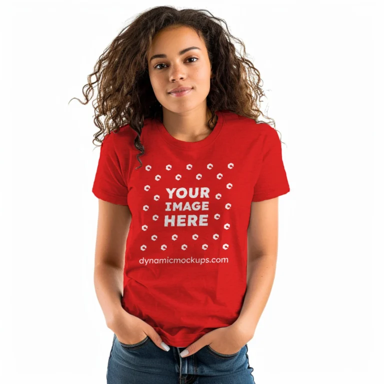 Woman Wearing Red T-shirt Mockup Front View Template