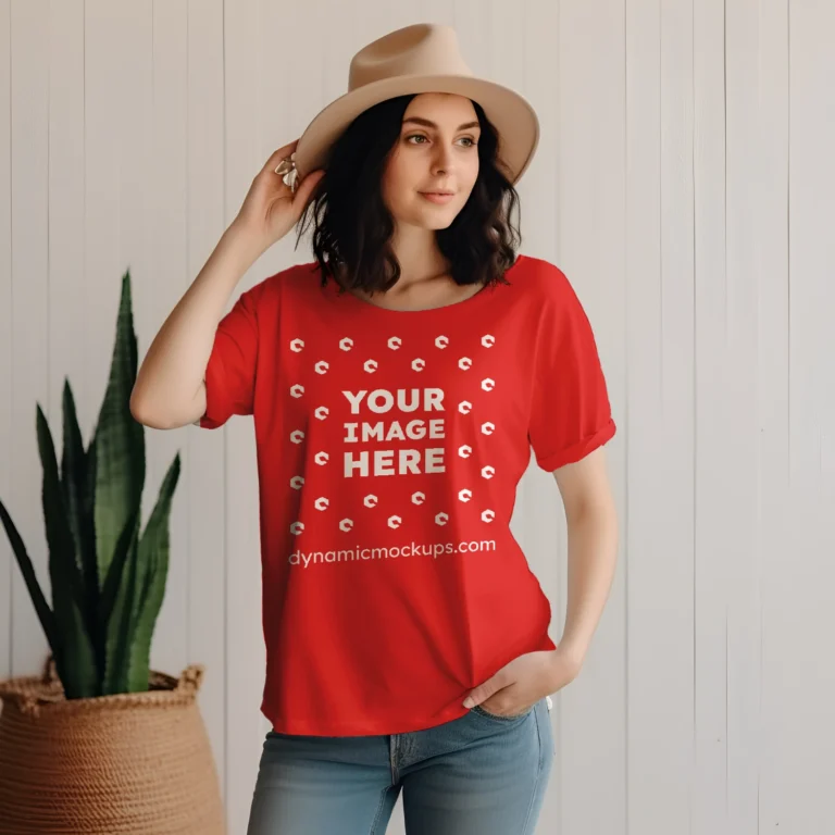 Woman Wearing Red T-shirt Mockup Front View Template