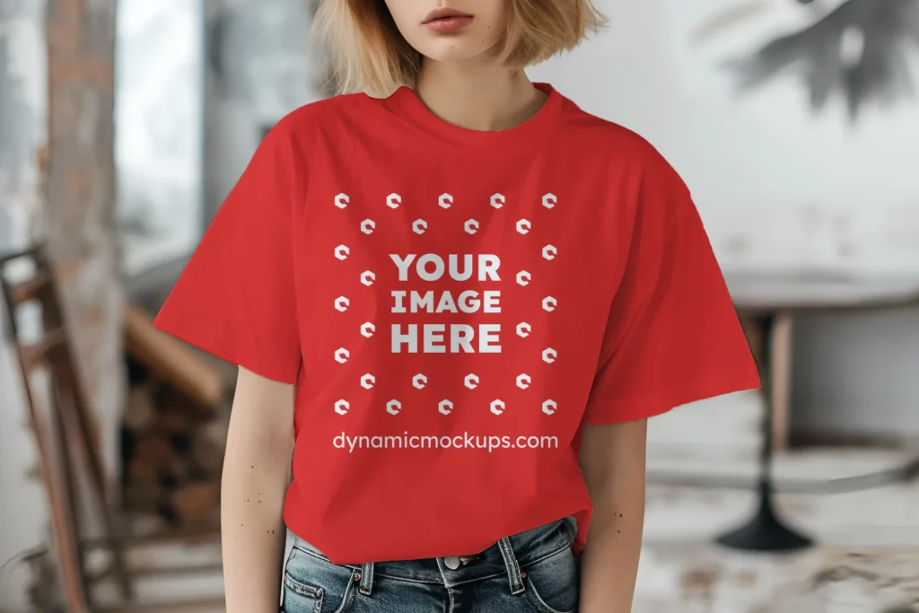 Woman Wearing Red T-shirt Mockup Front View Template