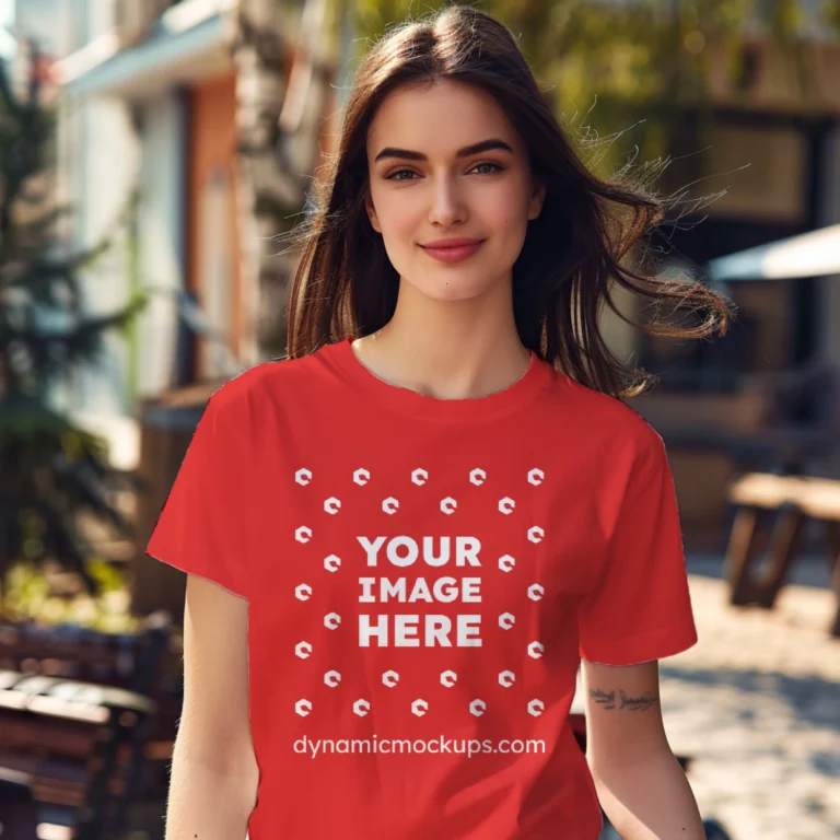 Woman Wearing Red T-shirt Mockup Front View Template