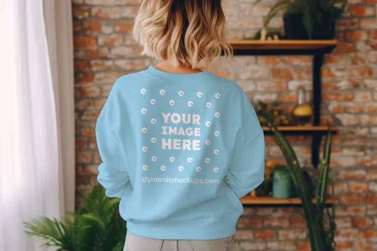 Woman Wearing Sky Blue Sweatshirt Mockup Back View Template