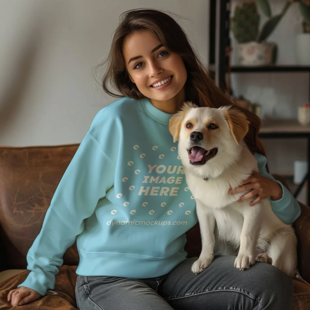 Woman Wearing Sky Blue Sweatshirt Mockup Front View Template