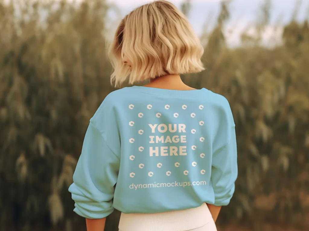 Woman Wearing Sky Blue Sweatshirt Mockup Back View Template