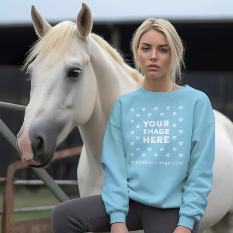 Woman Wearing Sky Blue Sweatshirt Mockup Front View Template