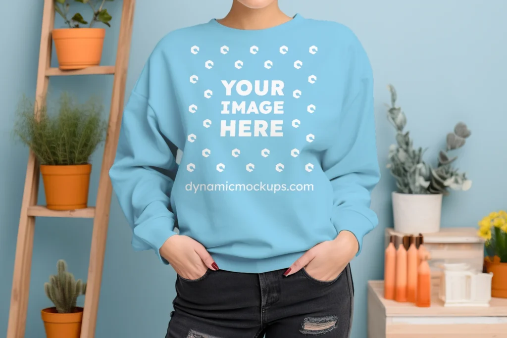 Woman Wearing Sky Blue Sweatshirt Mockup Front View Template