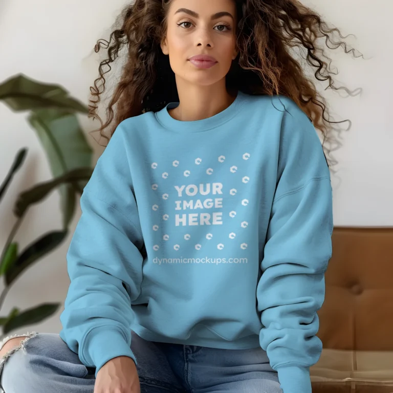 Woman Wearing Sky Blue Sweatshirt Mockup Front View Template