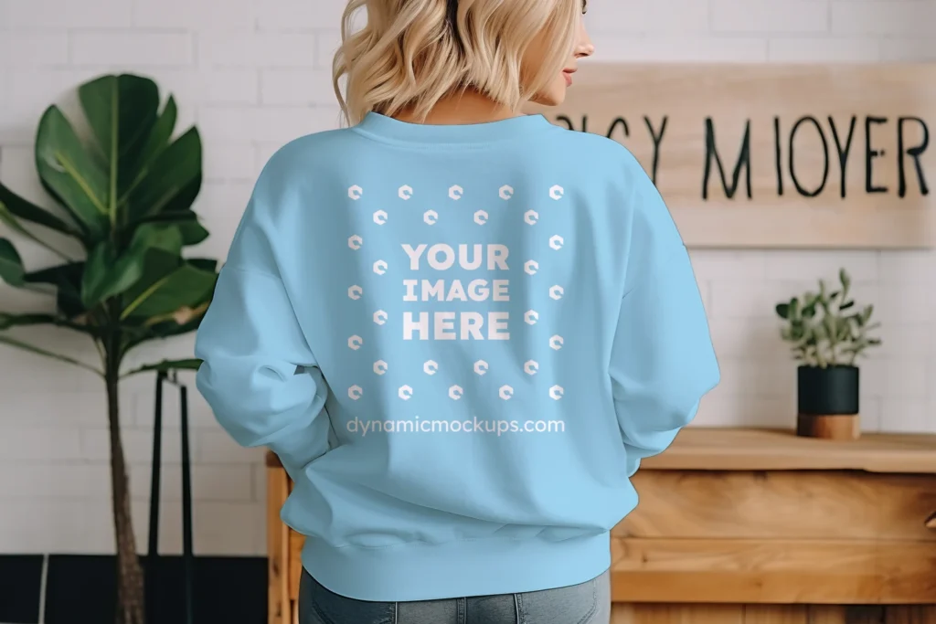 Woman Wearing Sky Blue Sweatshirt Mockup Back View Template